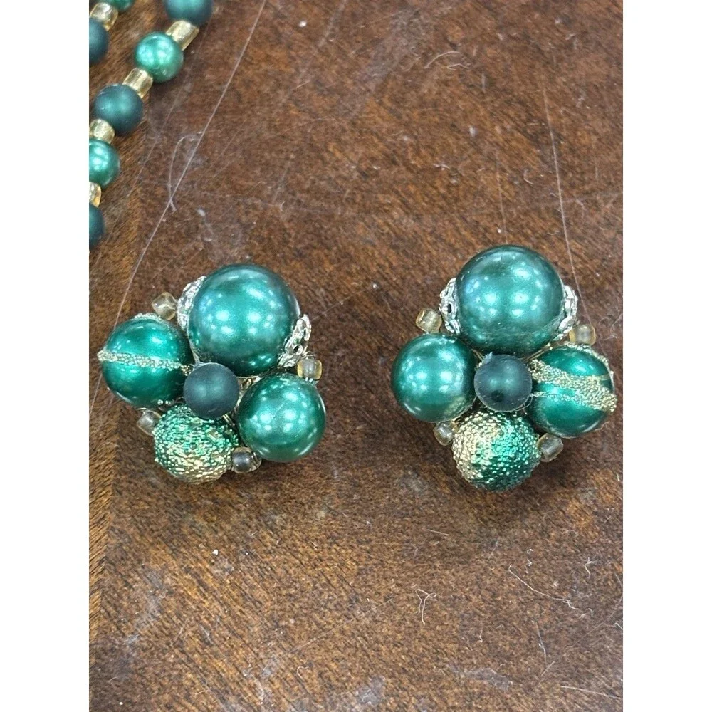 Vintage 1950s Japan Green Sugar Bead Triple Strand Necklace Clip Earrings Set